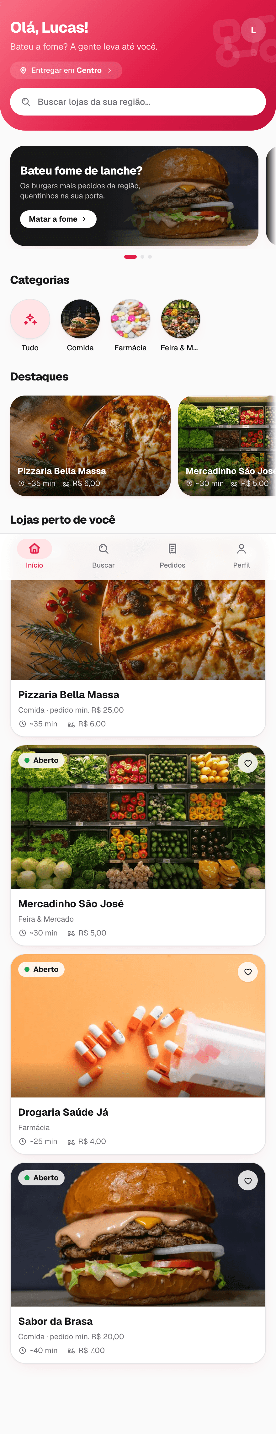 Tela inicial do app Pede Aí