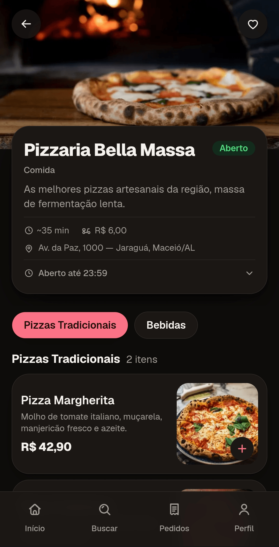 Página de uma loja no Pede Aí, com cardápio