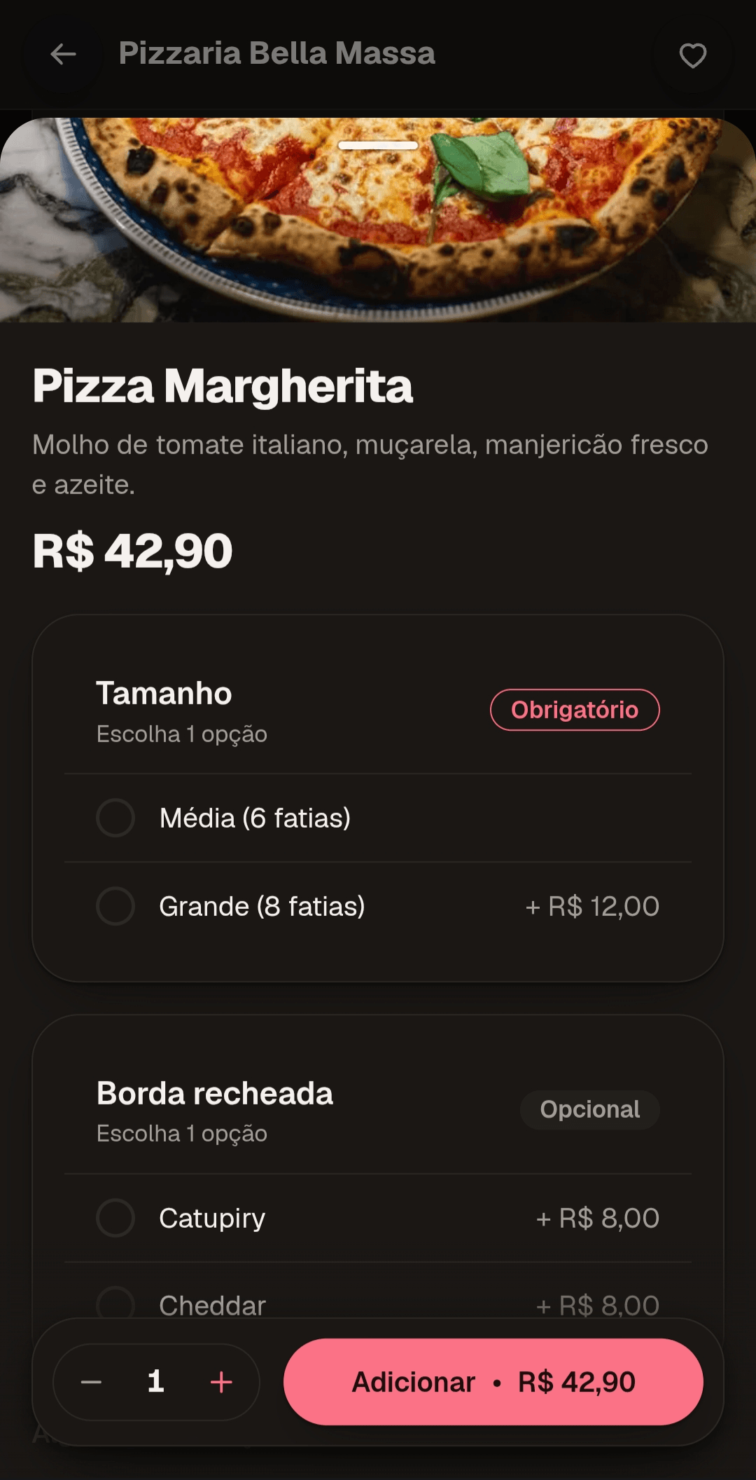 Detalhe de um produto no Pede Aí, com opções